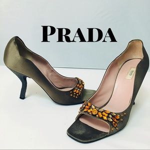 Prada Brown Scallop Satin Earth-Tone Stone Heels